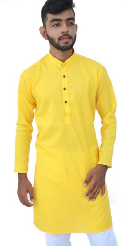 Pure Cotton Mens Yellow Plain Kurta