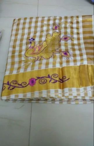 Kerala Golden and White Checked Cotton Saree