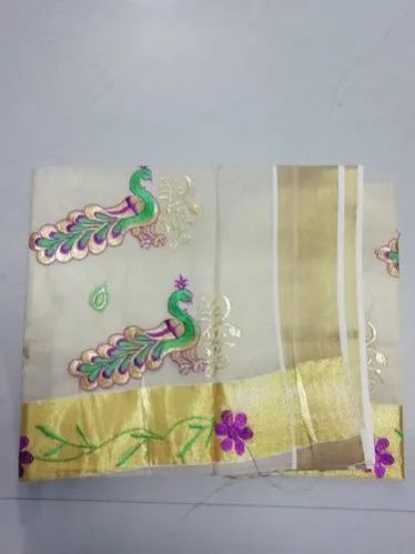 Kerala White And Gold Peacock Design Kerala Tissue Saree