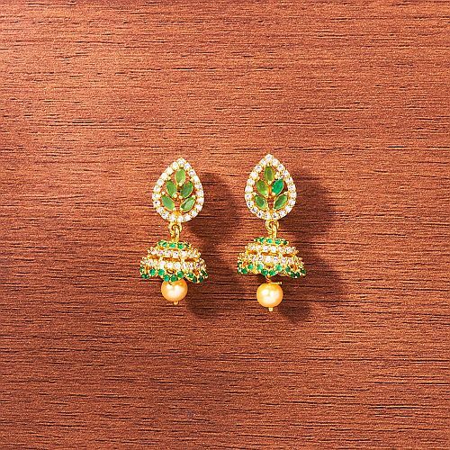 Leaf Designed Green and Golden Jhumka Earrings
