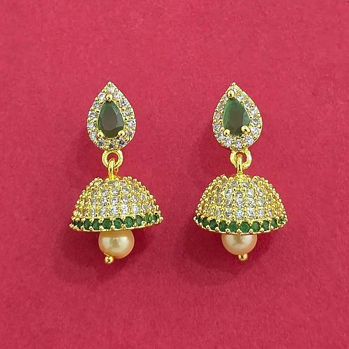 Party Wear Green Round Brass Jhumka Earrings