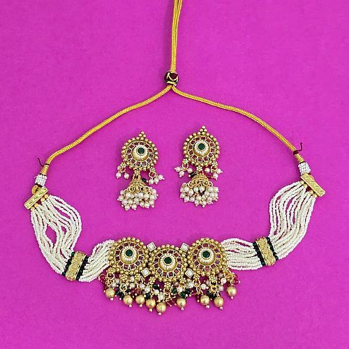 White and Golden Beaded Necklace Set