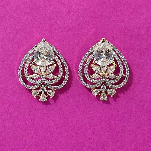 White Stone Work Leaf Shape Design Earrings