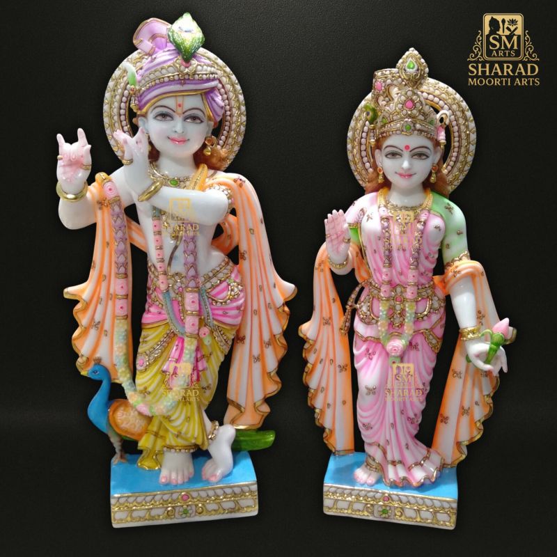 Painted Marble Radha Krishna Statue