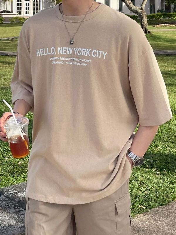 Beige Printed Oversize Drop Sholder T Shirts