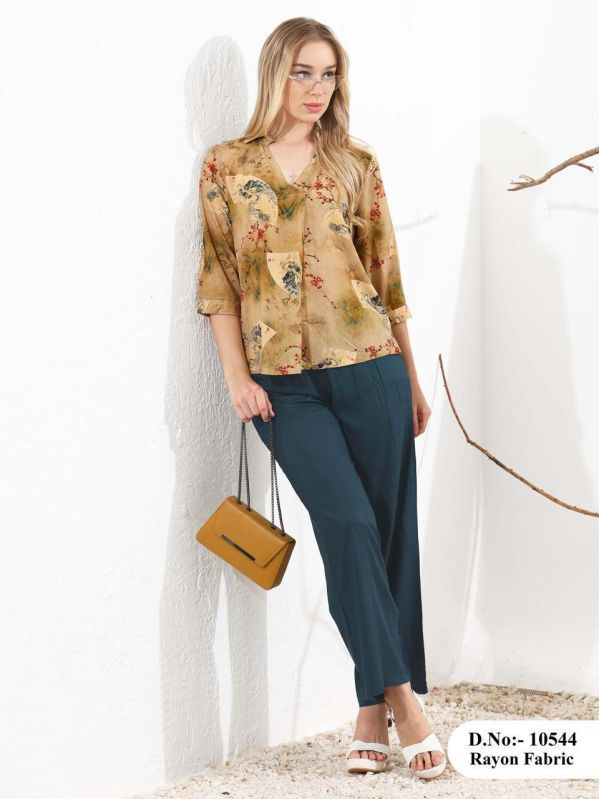 Women’s Printed Rayon V Neck Top with Trouser