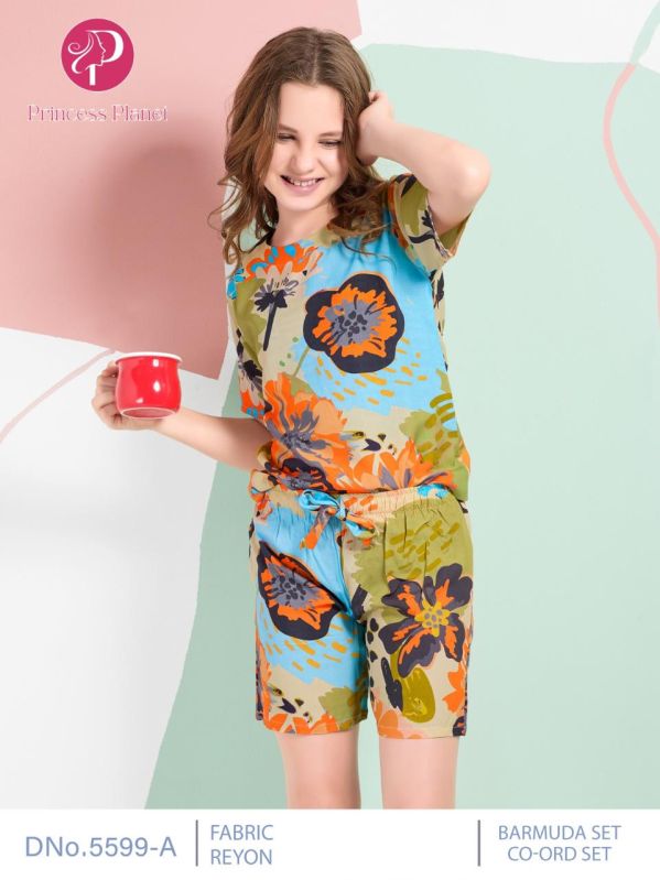 Girls Rayon Printed Multicolor Bermuda Co Ord Set