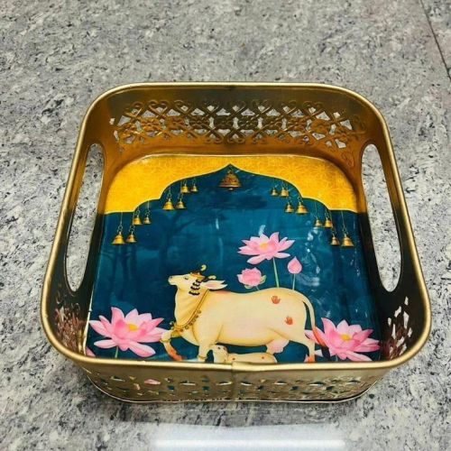 Hand Painted Sacred Cow & Lotus Decorative Tray