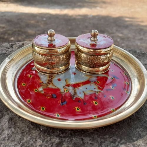 Royal Brass Finish Pooja Tray with Sacred Cow Canisters