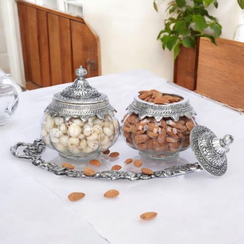 Silver Plated Dry Fruit Serving Set with Glass Jars