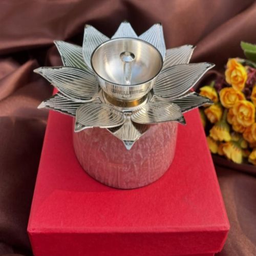 Silver Plated Lotus Diya for Pooja and Decor