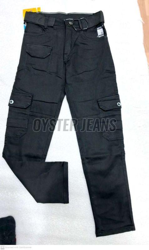 Black Stretchable Boys Straight Fit Cargo Denim Jeans