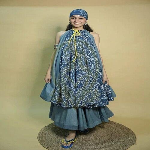 Ladies Blue Cotton Flared Indo Western Dress