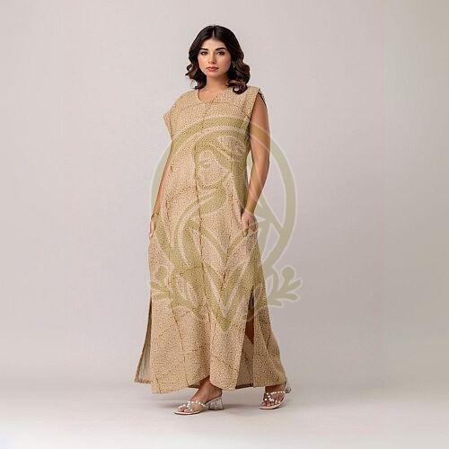 Ladies Brown Cotton Printed Maxi Dress