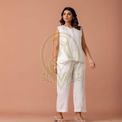Ladies Cotton Plain White Co-ord Set