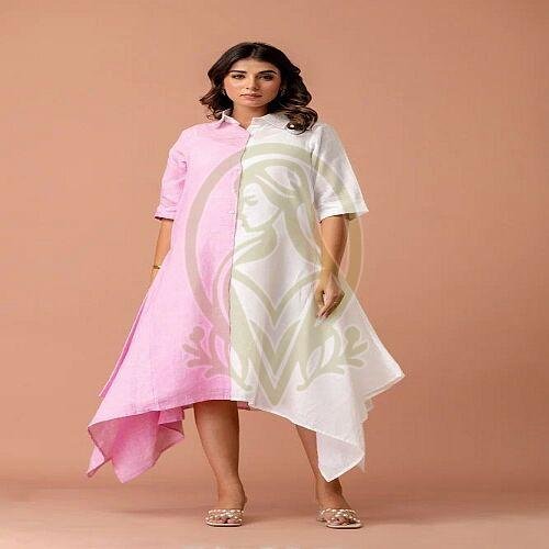 Ladies Pink Linen Asymmetric Western Dress
