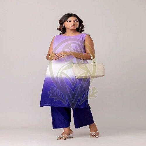 Ladies Purple Blue Straight Cotton Kurta Set