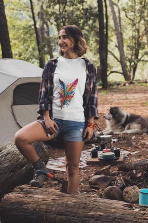 Polyester Boho Feather Vibe Artistic Rainbow Feather Graphic Girls Printed T Shirt