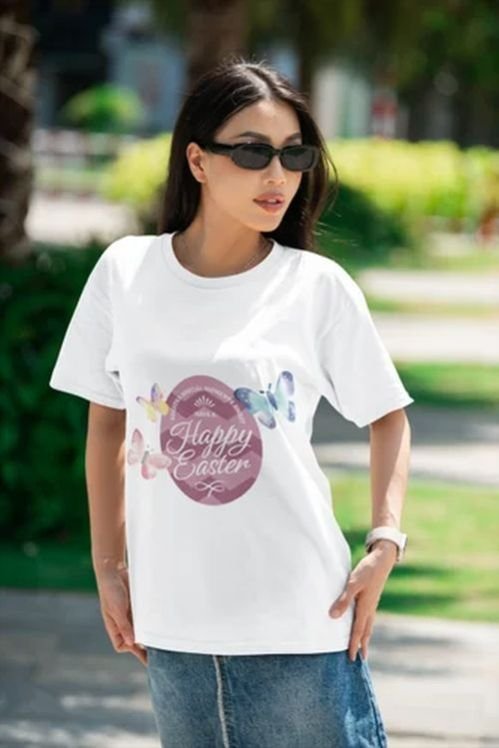 Polyester Happy Easter Butterfly Graphic Ladies Printed T Shirt