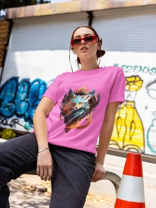 Polyester Neon Flame Wolf Graphic Ladies Printed T Shirt