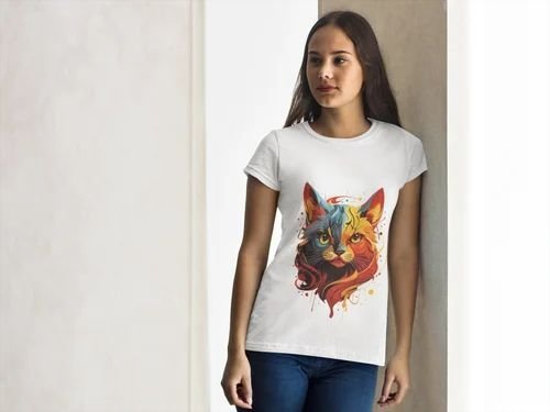 Vibrant Dual Tone Cat Art Round Neck T Shirt Vibrant Dual Tone Cat Art Round Neck T Shirt