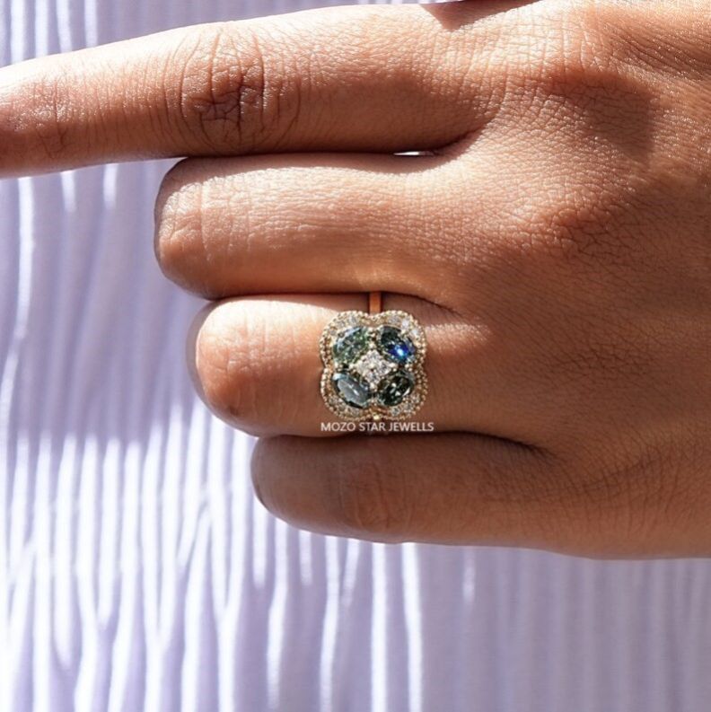 Blue and Green Moissanite Ring