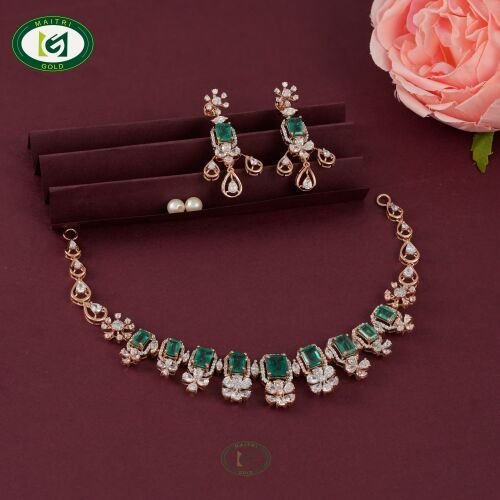 Ladies Green Stone Gold Plated Necklace Set
