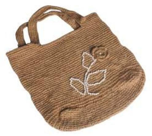 Hand-Woven Jute Tote Bag with Beaded Floral Design