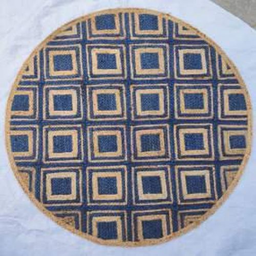 Round Jute Rug with Blue Geometric Pattern