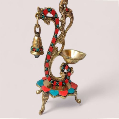 Pure Brass Multicoloured Diya with Bell