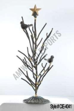 Metal Christmas Tree Sculpture with Bird Accents and Golden Star Topper