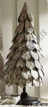 Rustic Metal Christmas Tree Sculpture with Stacked Leaf Design and Finial Top