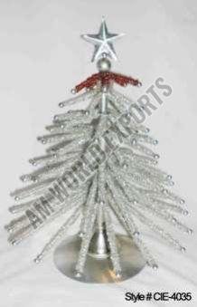 Silver Metal Spiky Christmas Tree Sculpture with Red Beads and Silver Star Topper