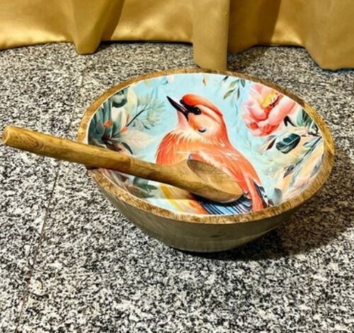 Brid Printed Deep Wooden Salad Bowl