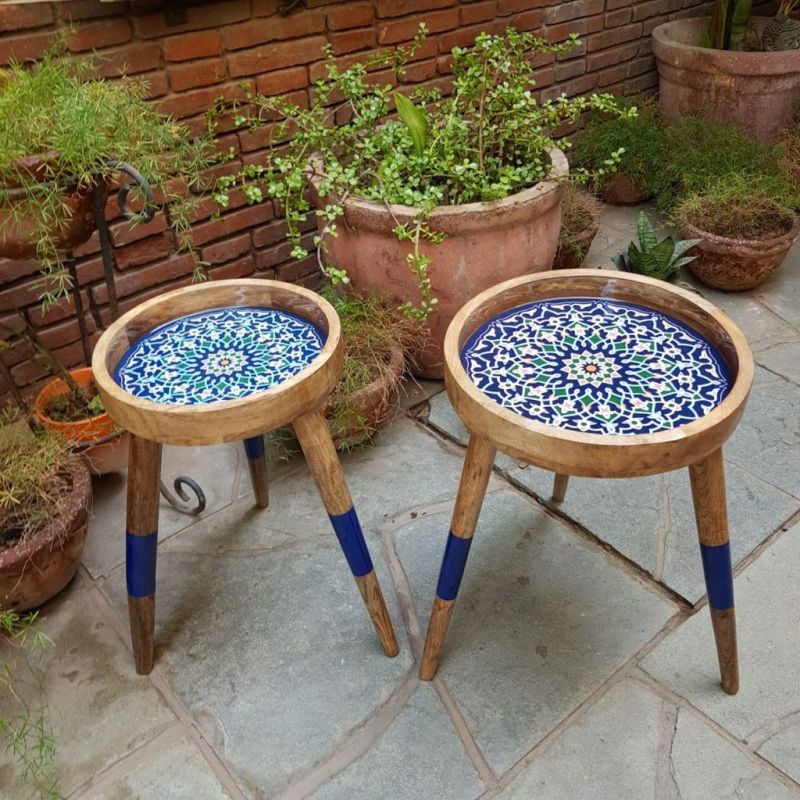 Mosaic Top Round Wooden Metal Accent Table