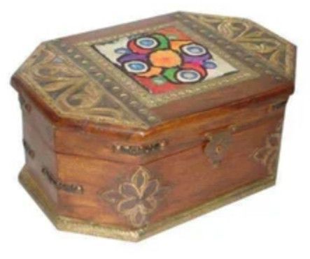 Octagonal Painted Floral Carved Wooden Box with Metal Accents