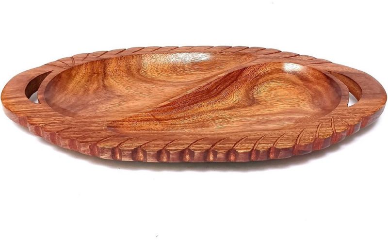 Oval Wooden Carved Handle Serving Tray