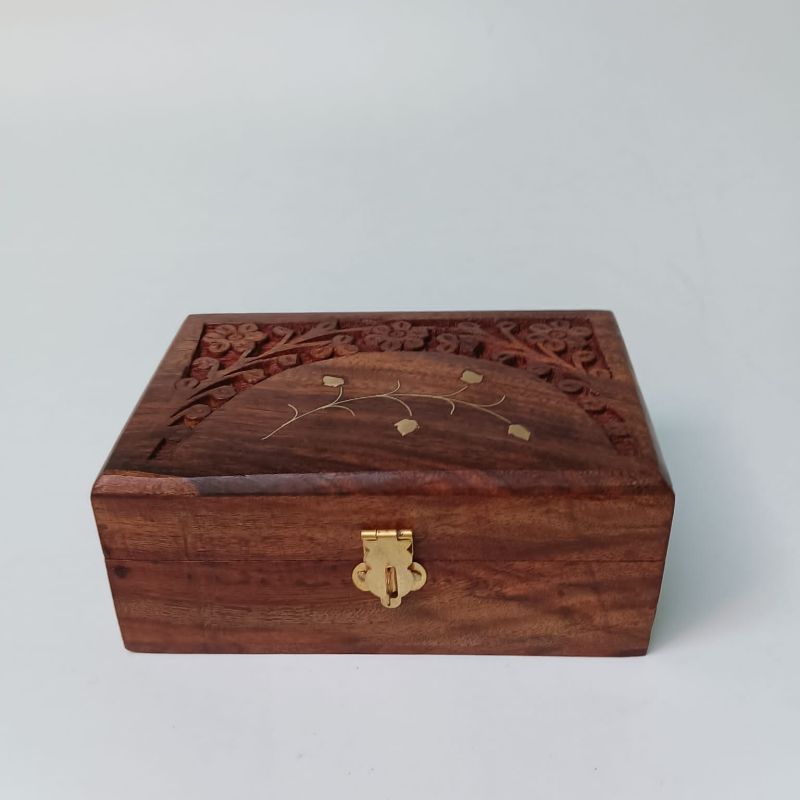 Rectangular Brass Vine Inlay Carved Wooden Box with Latch