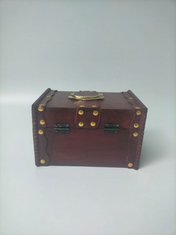 Rectangular Curved Lid Vintage Wooden Chest with Golden Accents