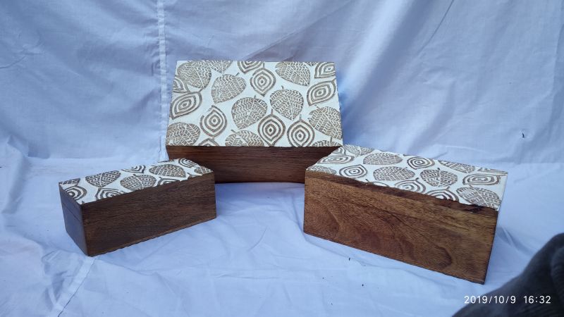 Rectangular Leaf Feather Lid Wooden Box Set OF 3 Pcs