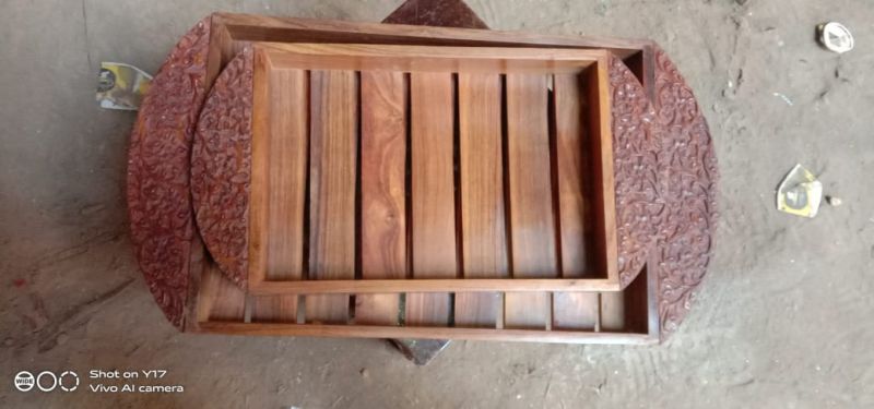 Rectangular Slatted Duo Ornate Handle Wooden Tray Set