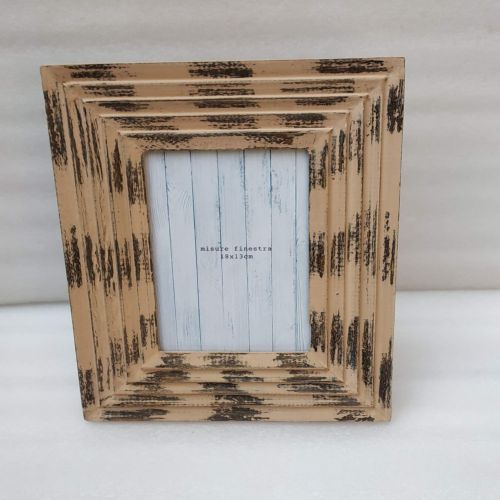 Rectangular Wooden Carved Distressed Beige Photo Frame