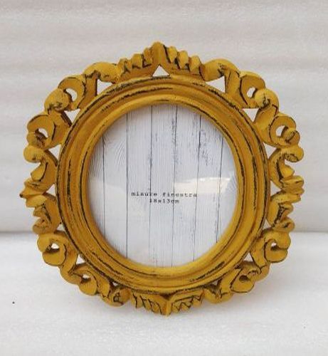 Round Wooden Carved Distressed Yellow Photo Frame