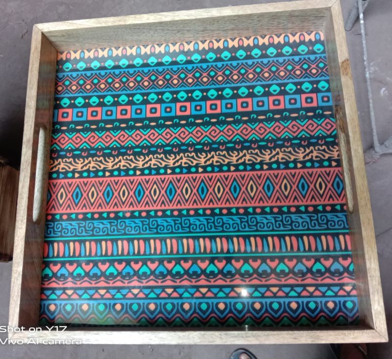 Tribal Motif Organizer Vibrant Geometric Art Wooden Tray