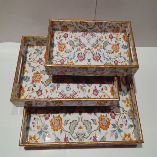 Vine Bloom Organizer Trio Gold Rim Multicolor Floral Wooden Tray Set