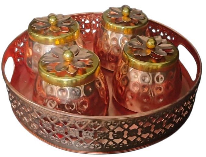 Hammered Copper-Tone Tray Set with Floral Lid Containers