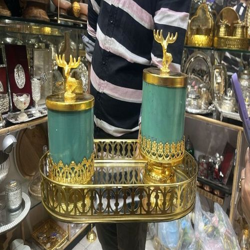 Golden Mirror Tray Set with Teal Deer Lid Containers