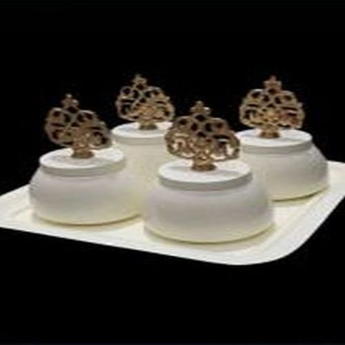 Ceramic White Tray Set with Golden Ornate Lid Containers