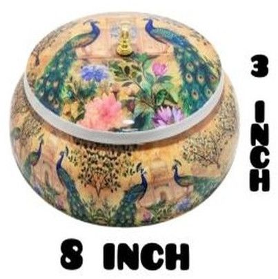 Printed Peacock Floral Rice Bowl with Golden Knob Lid