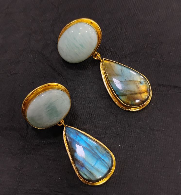 Oval Semi Precious Gemstone Brass Earrings